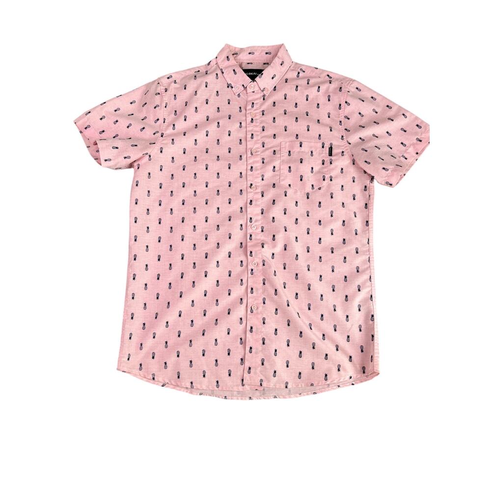 Molokai Surf Co Pink Pineapple Print Button Down Shirt Men's Large Tropical